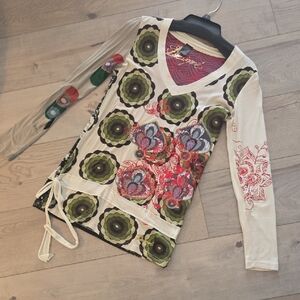 Desigual Womens V Neck Longsleeve Top With Moriff Sz Med